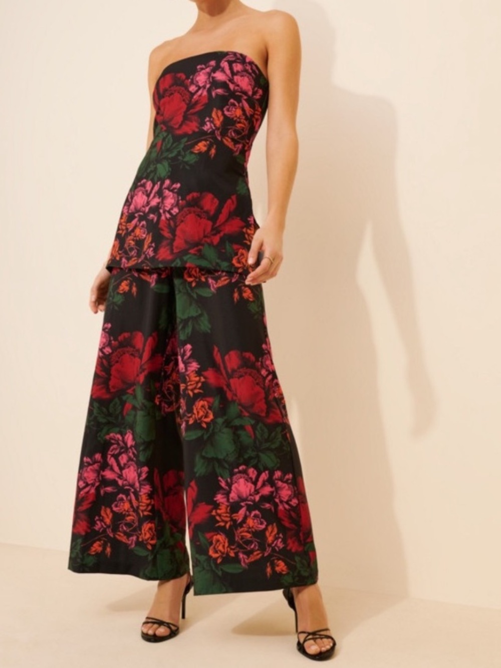 Hutch Anthropologie Women’s Black Strapless Floral Wide-Leg Tunic Crop Jumpsuit